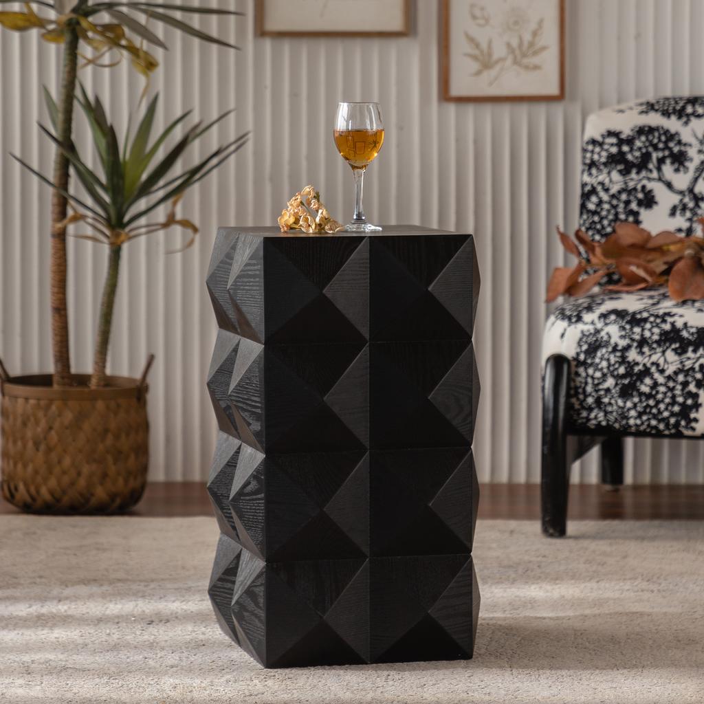 60CM Height Three-dimensional Embossed Pattern Design Retro Side Table Retro Wooden Nightstand Black,No Assembly Required