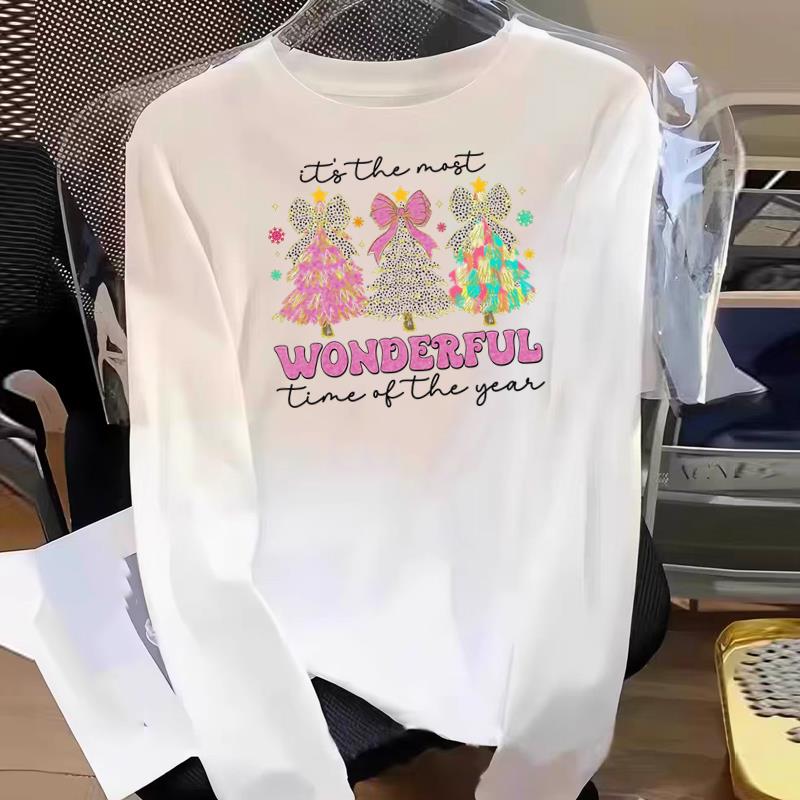 (Asian Size) Tree Watercolor Cute Graphic Tee Women Print T Shirt Christmas New Year Autumn Winter Casual Fashion Top Clothing Long Sleeve T-shirts