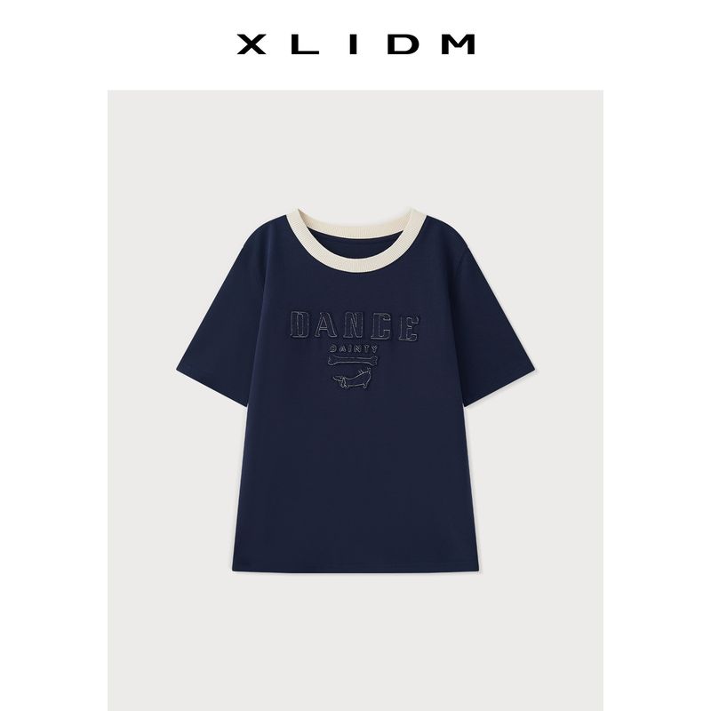 

Women s Double Yarn Cotton Affixed Cloth Embroidered Casual T-shirt Women s Summer Contrast Color round Neck Loose Slim Looking Shoulder Short Sleeve Poseidon Blue (in Stock) XL(Fit for 60-70kg)