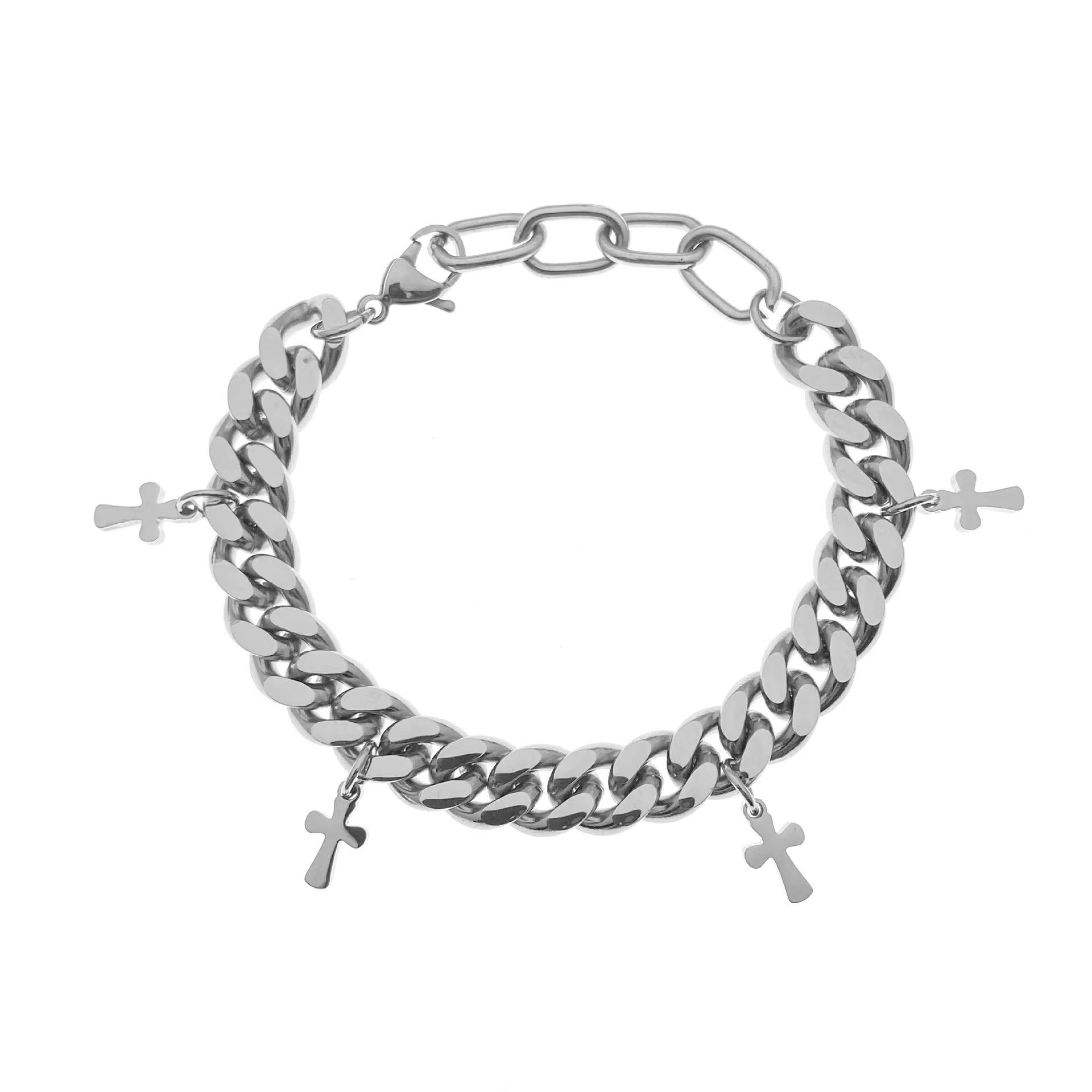 VAF 16+5cm 4pcs Small Cross Cuban Bracelets Stainless Steel Aus Edelstahl Petite Croix En Acier Inoxydable 16+5CM серебряный