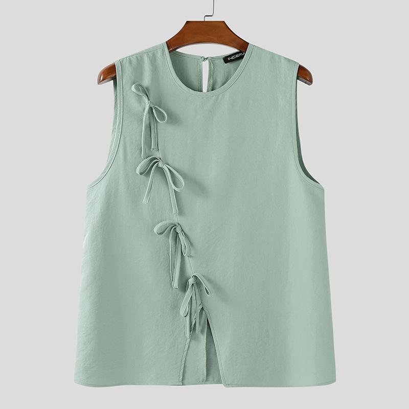 

INCERUN Summer Men O-neck Sleeveless Oblique Bow Splits Shirts Tank Tops 5XL зелёный