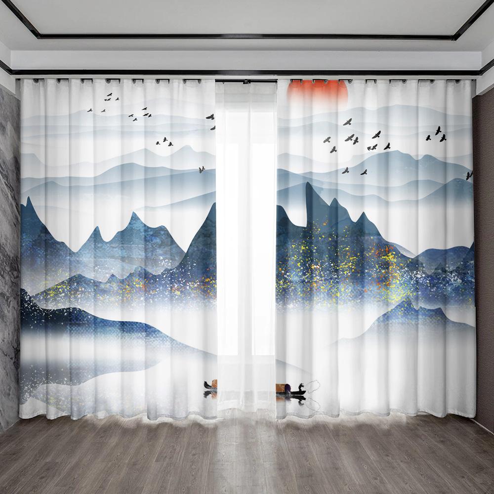 

2Pc Home Decoration Curtains, Landscape Oil Painting With Pole Bag Curtains, Kitchen, Coffee Shop, Living Room, Balcony 75x166cm&Without mount