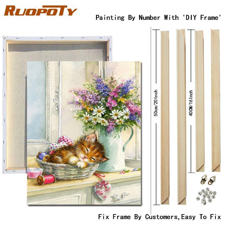 RUOPOTY Kočka malba podle čísel Nástěnná kresba na plátně Jedinečný dárek Obraz podle čísel Zvířecí dekorace do dětského pokoje