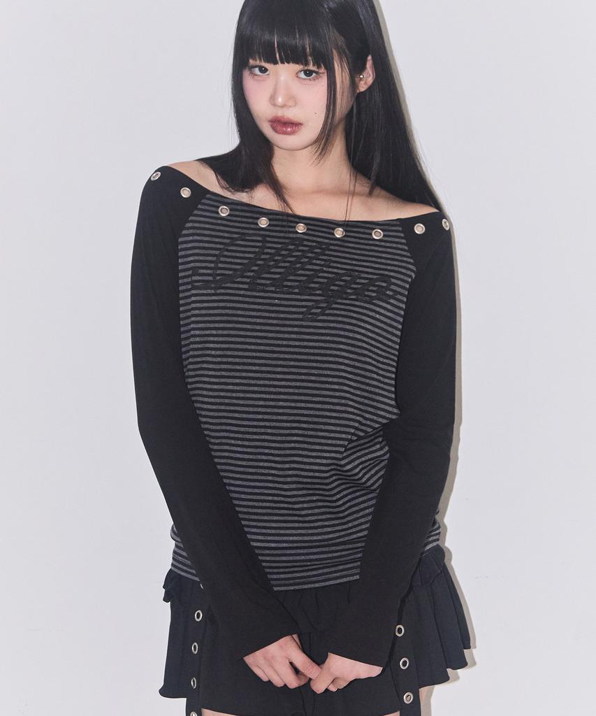 ILLIGO Raglan Off-Shoulder Long Sleeve Striped Charcoal