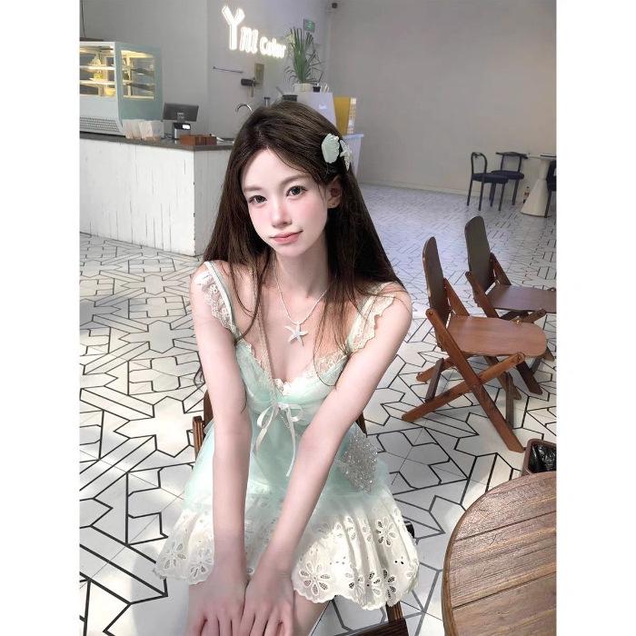 Mint Bow Design Camisole & Short Skirt Lace Dress Set for Women S