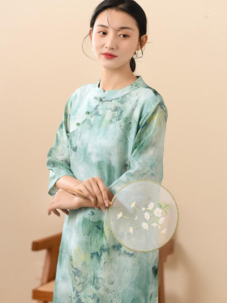 Johnature Chinese Style Ramie High Quality Dress Spring Summer Stand Retro Women A-Line Print Floral Dresses