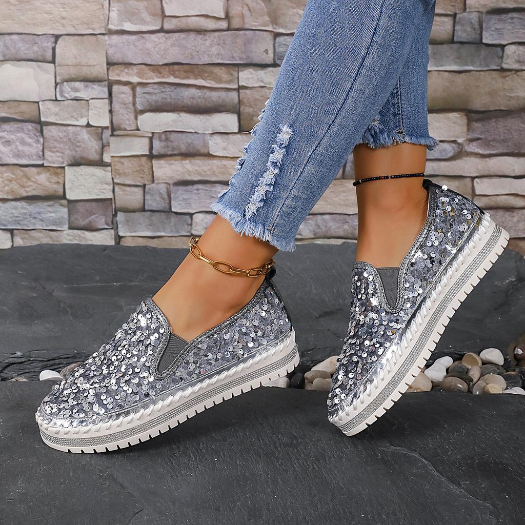 Women's Plus Size Spring Round Toe Flat Sequined Color Block Casual Shoes