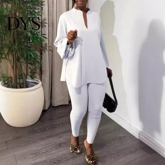 Loose T-shirt Set 2 Pcs/Set Women Top Pants Stand Collar Long Sleeve Split Hem Fall Clothing Blouse Elastic Waist Slim Fit Trousers Daily Wear Outfit