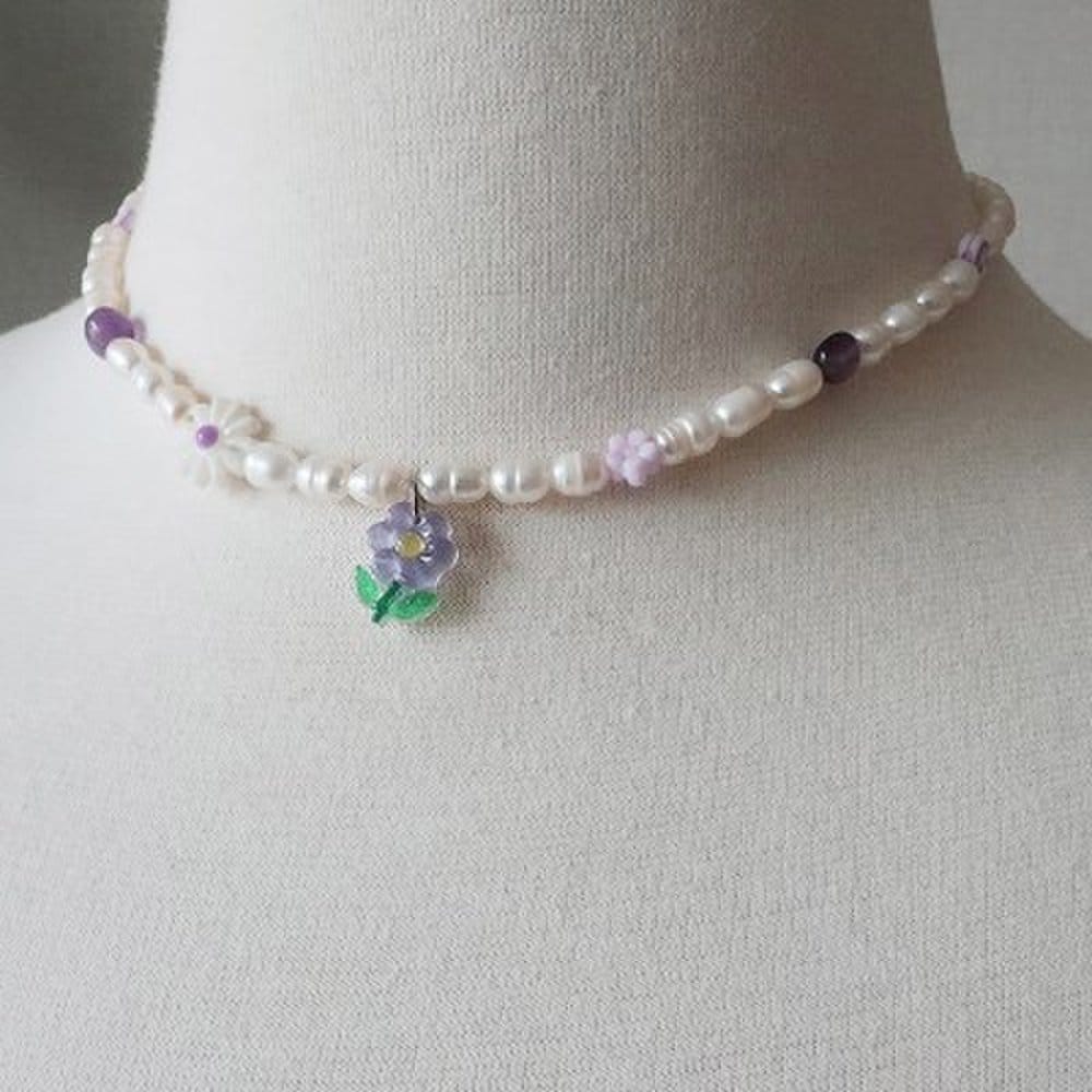 Surgical Freshwater Pearl Amethyst Gemstone Flower Choker Necklace