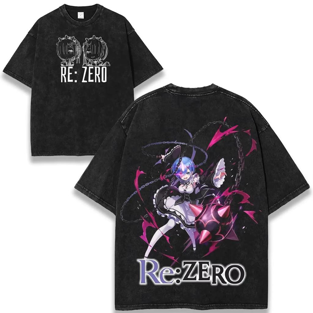 Estate 2026 Vintage Lavato Re Zero Rem Ram Maglietta Anime Unisex Oversize Streetwear Manica Corta Top Casual per Uomo Donna