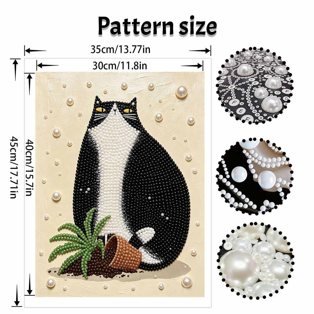 5D DIY Pearl Art Kit Cute Black and White Cat Themed Decor Home Wall Decoration