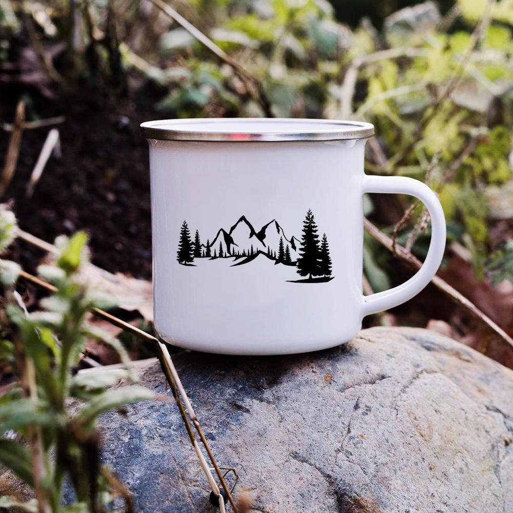 Sunset Forest Creek Creative Enamel Coffee Mugs Outdoor Travel Water Cups Camping Bonfire Party Beer Drink Milk Mug Best Gifts