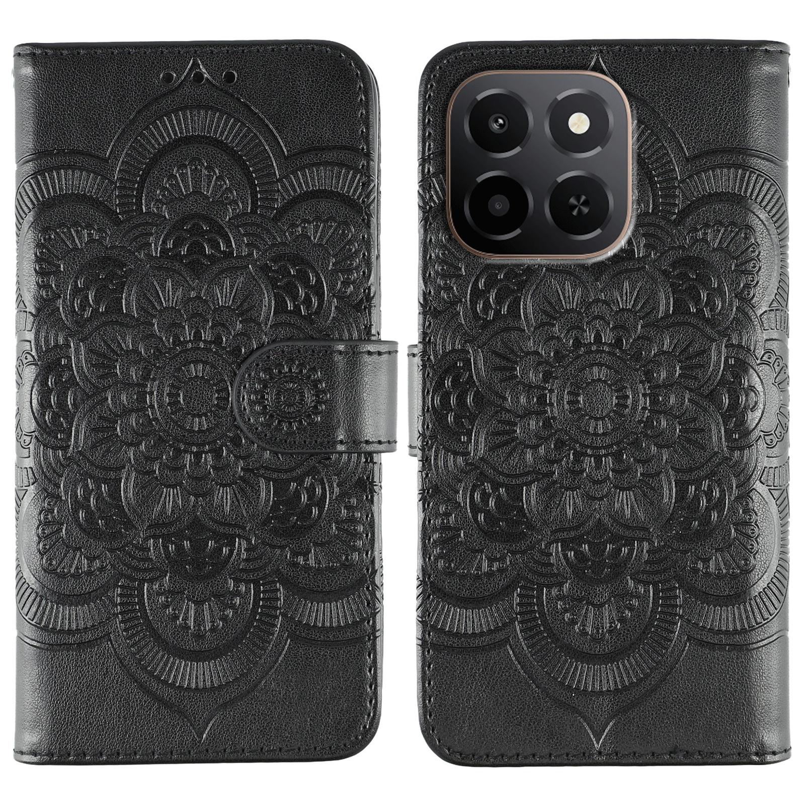 

For Honor X6c 4G Case PU Leather Mandala Imprinted Design Wallet Phone Cover with Wrist Strap Black