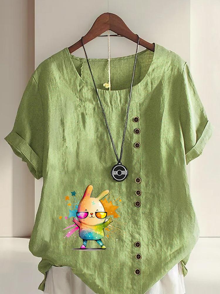 

Women s Fashion Colorful Rabbit Print Shot Sleeve T-shirt Loose Cotton Shirt Casual Loose Summer Blouse Tops Plus Size 5XL зелений