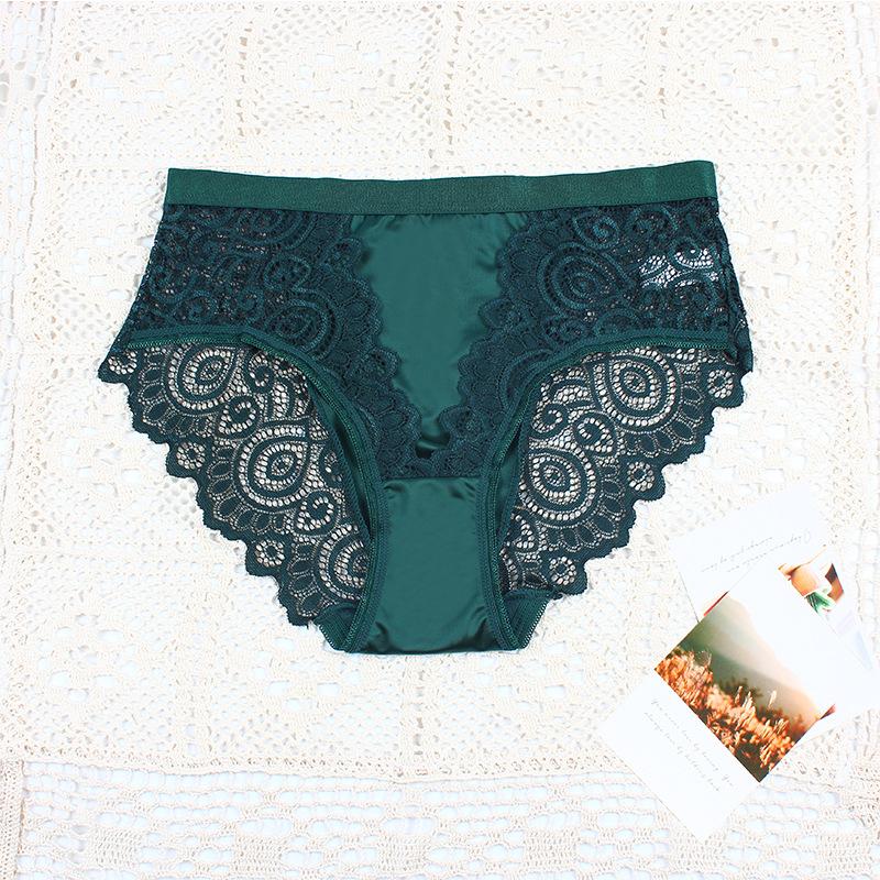 Fashionable Slip Material Mid Waist Women's Underwear Splicing Sexy Lace All Cotton Crotch Comfortable Soft Women's Triangle Pants