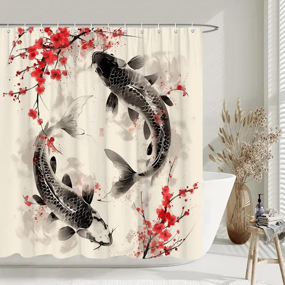 Chinese style Shower Curtain Koi Fish Cherry Blossom Sun Sea Wave Octopus Landscape Polyester Fabric Curtains Bathroom Decor