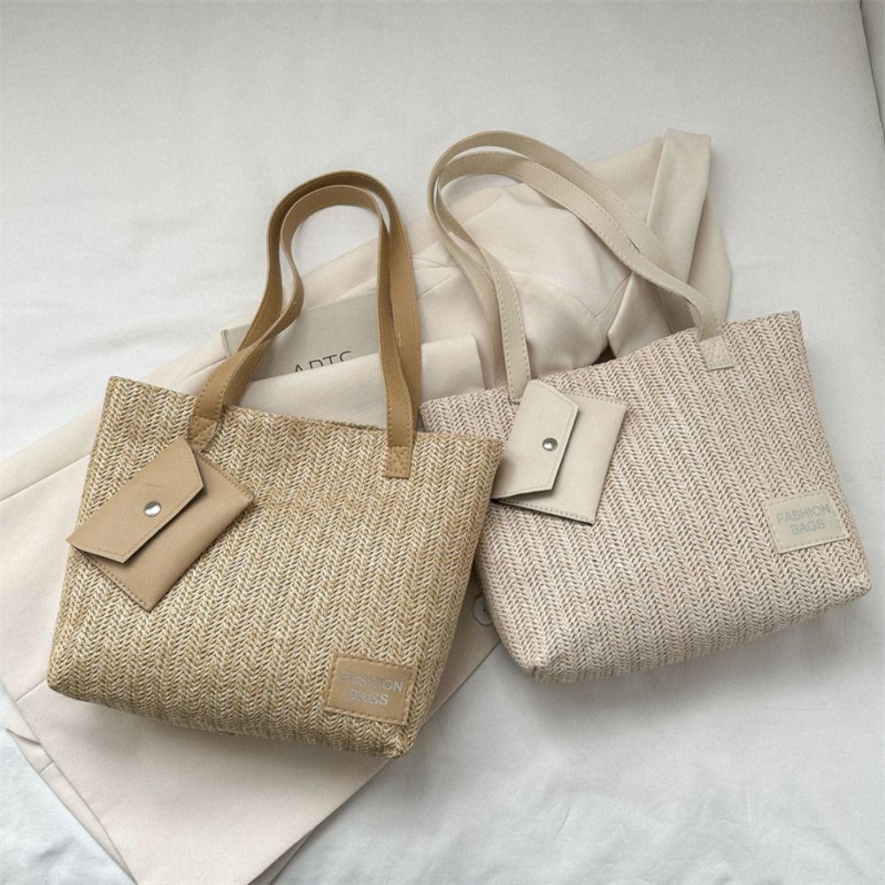 

Bohemian Style Weave Straw Tote Bag with Coin Purse Raffia Shoulder Bag Casual Beach Bag Travel хакі