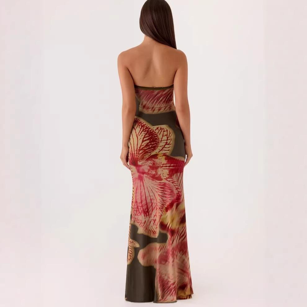 1011 summer new European and American printed tube top printed long dress pleated mesh dress