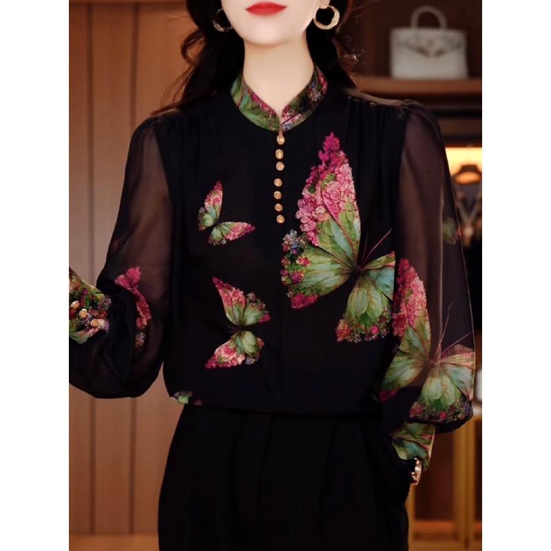 Butterflies Flying Fashion Three-dimensional Printed Western Style Shirt Women's Autumn Stand Long Sleeve Top Versatile