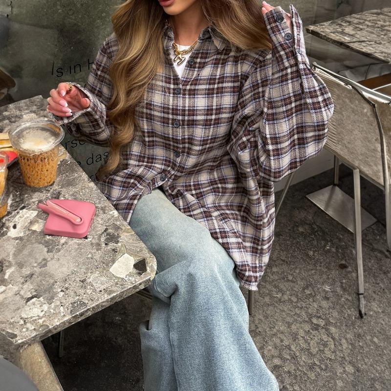 Camicia a Quadri Oversize da Donna Vestibilità Larga Bottoni Manica Lunga Blusa Casual