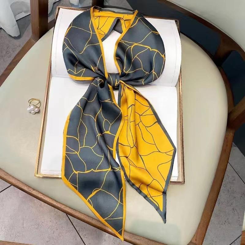 Thin and Narrow Long Silk Scarf Imitation Silk Versatile Decorative Scarf Fashionable Pointed Corner Headband Strap Streamer Striped Silk Scarf