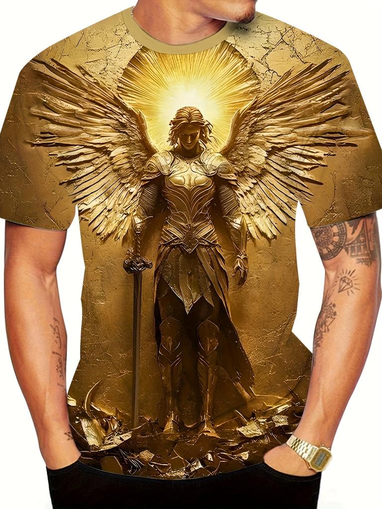Mens 3d Angel Warrior Graphic T Shirt Golden Sword Design 3D Printed Tshirt For Men Clothes Wing Ornate Border Unisex Tee Tops