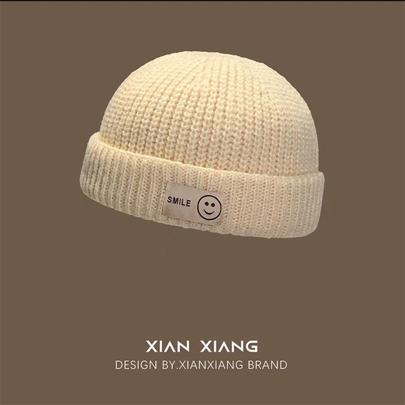 

Шапка из шерсти с нашивкой в виде смайлика, женская осенне-зимняя холодная шапка, модная брендовая вязаная шапка из меха дыни, хип-хоп, яппи, шляпа домовладельца, мужская