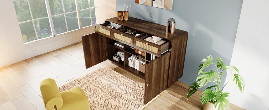 Chest Sideboard 120cm Walnut, with Rattan and Gold Handles, 3 Drawers + 2 Cabinets + Open Shelf, Height-Adjustable Shelves, H85/W120/D40 Cm