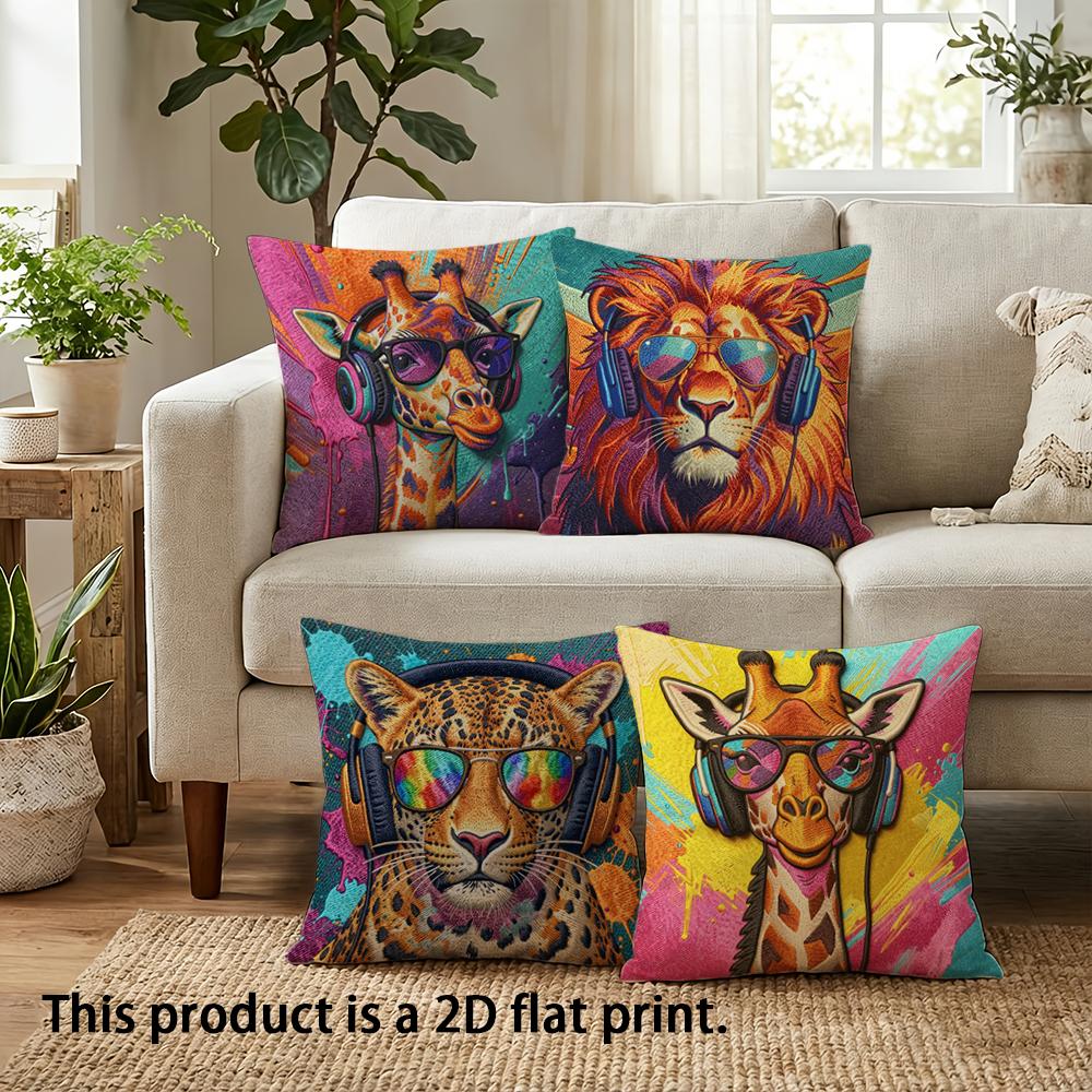 1/4pcs Colorful Animal Head Pillows with Sunglasses and Headphones Sofa Cushion Cover Home Bedroom decoration,2D Flat Printing