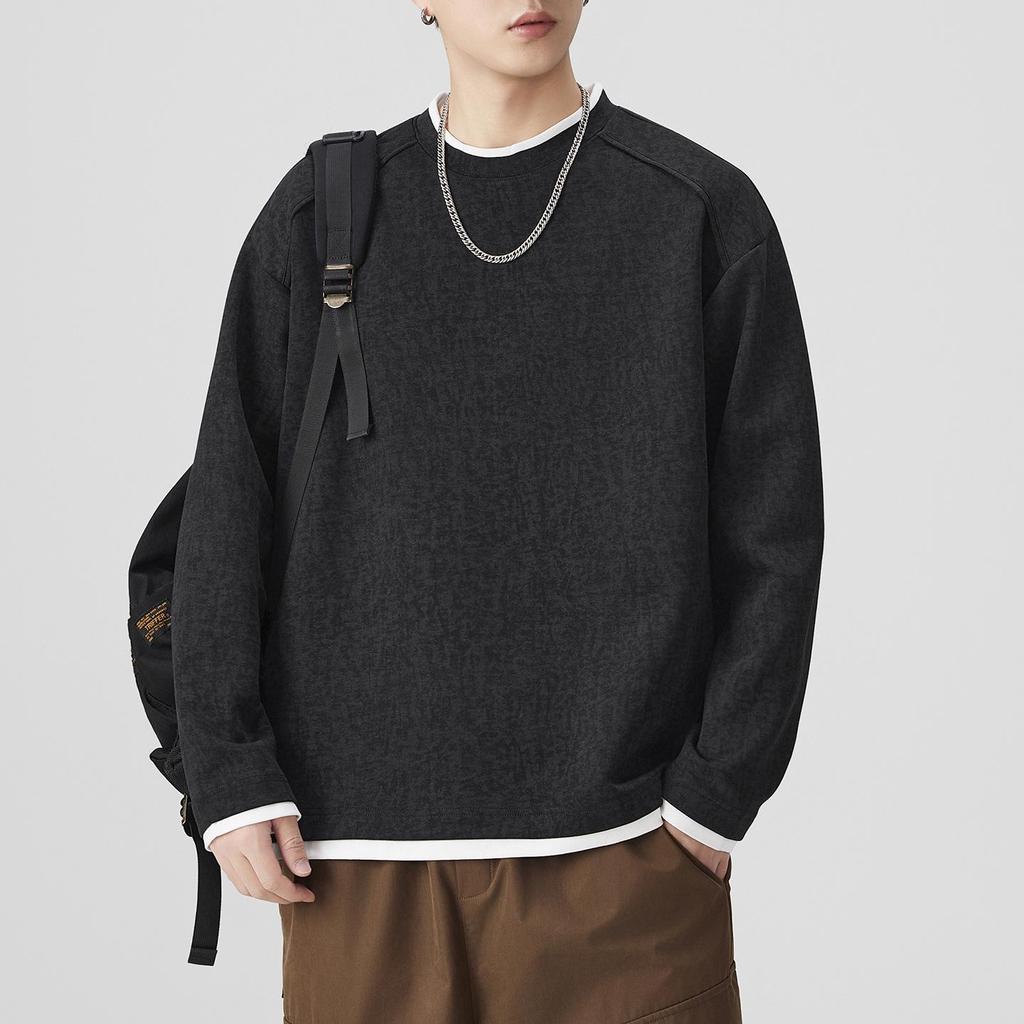 SH&Trend Men's Heavyweight 300g Round Neck Hoodie - Autumn/Winter Patchwork Long Sleeve Pullover