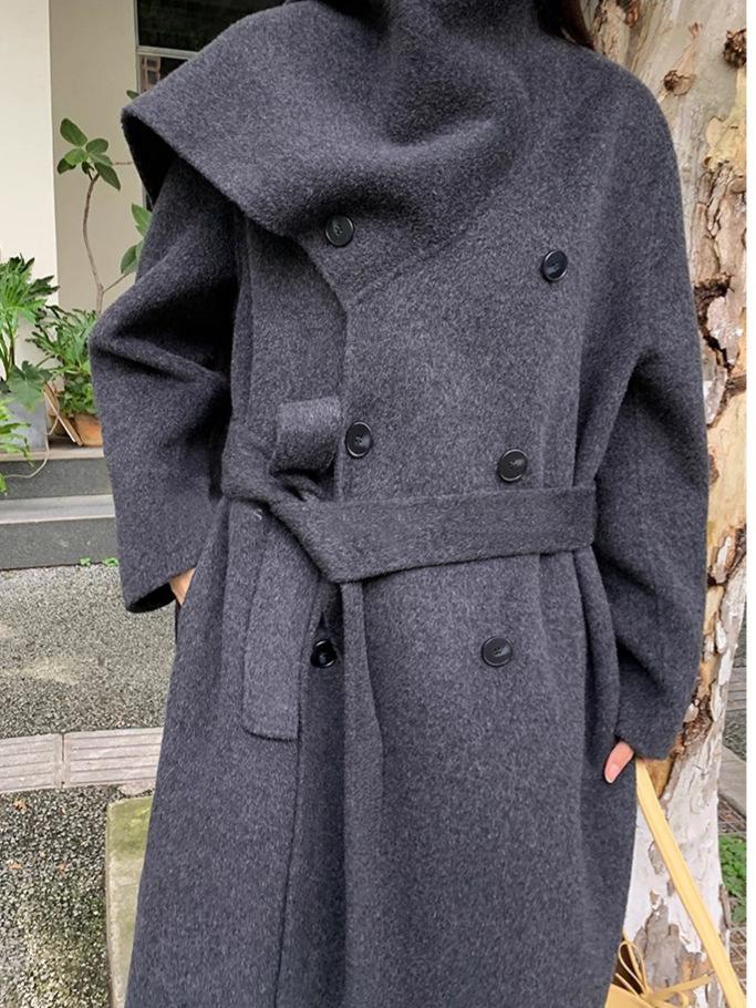**Pusu Double-Faced Wool Coat: Black, Waist-Cinching Scarf-Integrated Design for Women**