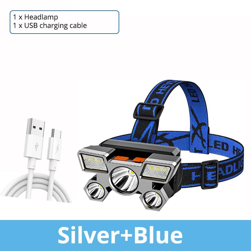 

Пятиголовочный светодиодный USB перезаряжаемый налобный фонарь Супер яркий портативный налобный фонарик Рабочий свет Налобный фонарь для рыбалки и кемпинга серебряный