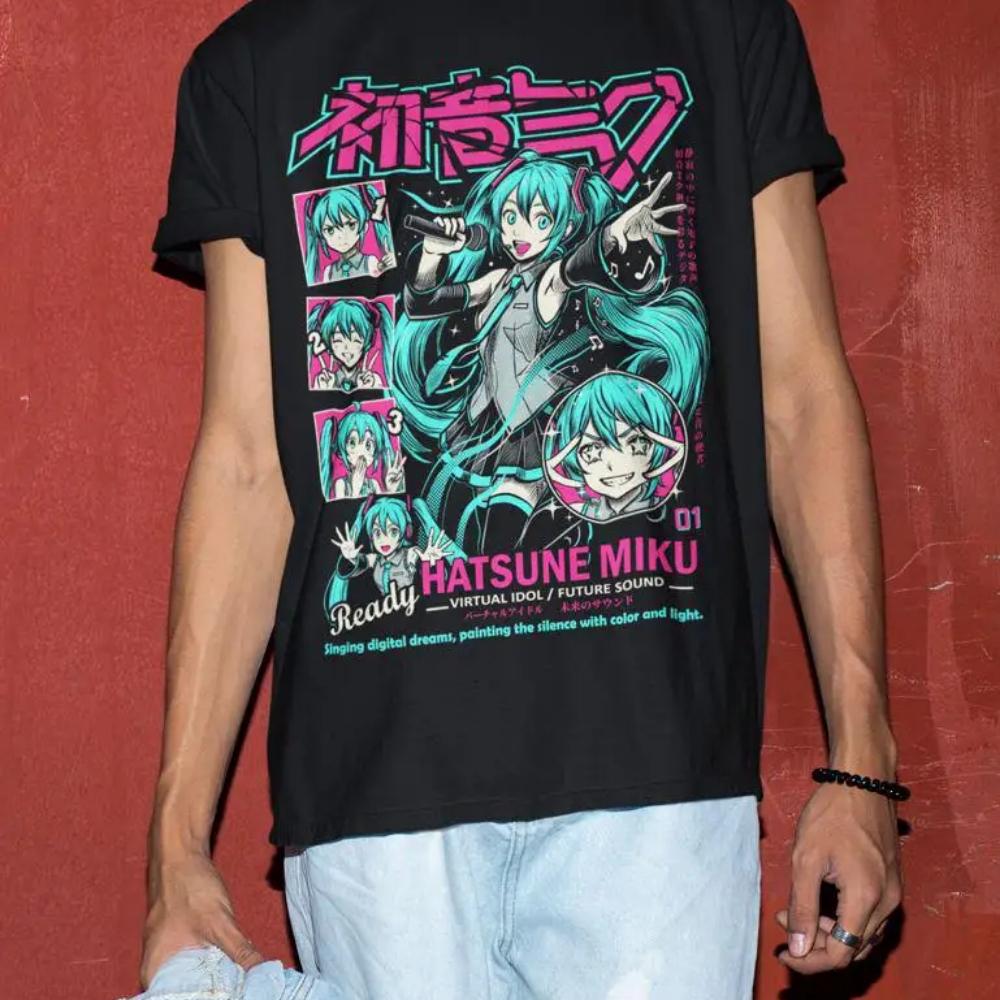 Hatsune Miku O Som do Futuro Anime Gráfico Camiseta de Algodão para Mulheres Verão 2026 Casual Estilo de Rua Manga Curta Preta
