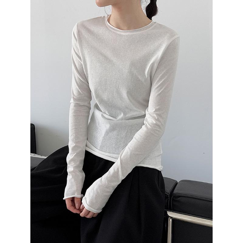 Luxi Korean Style Versatile Rolled Edge Round Neck Bottoming Shirt for Women Autumn New Long-sleeved Inner Slim Fit Top