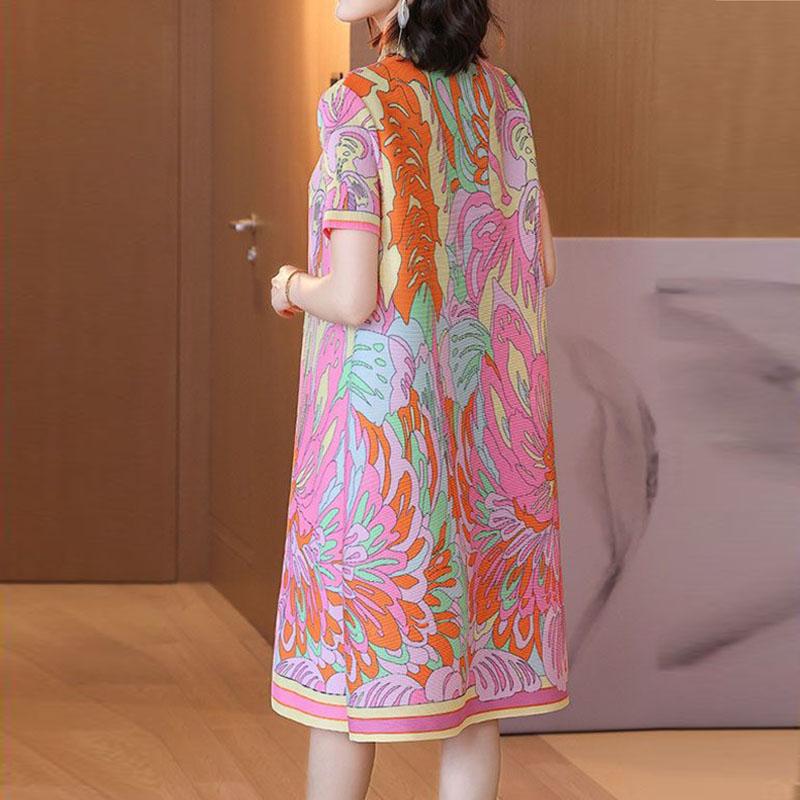 Rochie plisată subțire de vară și de primăvară pentru femei, ocazional pentru femei, la modă, imprimeu cu mâneci scurte, cu guler în picioare, topuri pentru femei