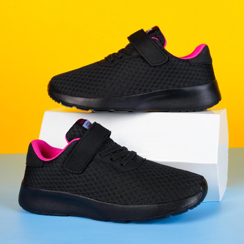 Breathable Boys' Double Mesh Running Shoes - Soft Sole, All Black, Medium to Large Sizes