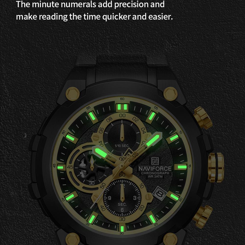 Naviforce Men's Quartz Calendar Watch Stopwatch Chronograph Luminous Hands Stainless Steel Strap Waterproof Sports Outdoor Men's Watch NF8071
