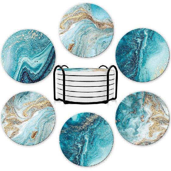 Dooke Coasters for Drinks, Round Absorbent Ceramic Stone Coasters Set of 6 with Cork Base,Funny Coaster with Holder for Cold Drinks Wine Mugs and