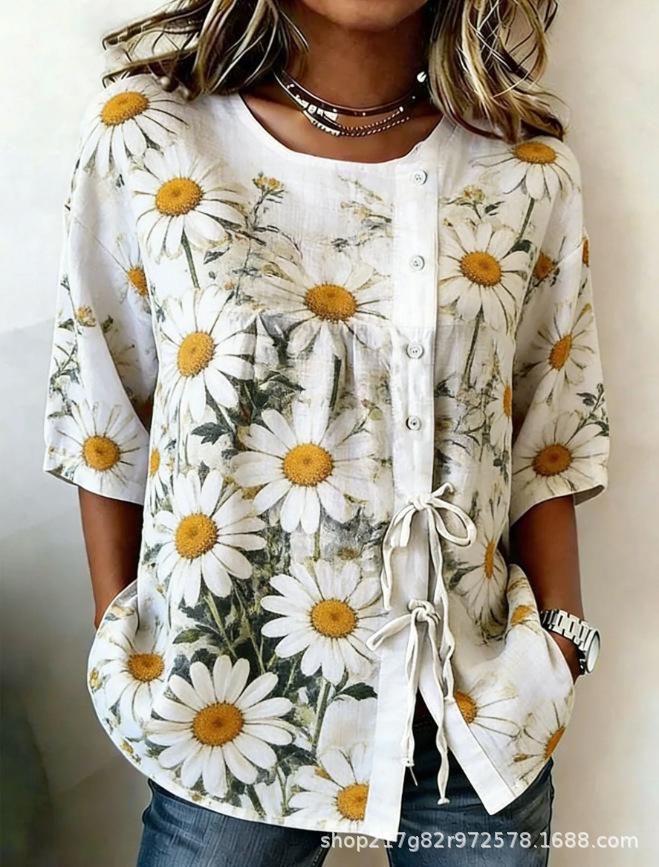 European and American summer new women's tops, shirts, geometric printing buttons, drawstrings, half-sleeved tops, T-shirts, women's clothing