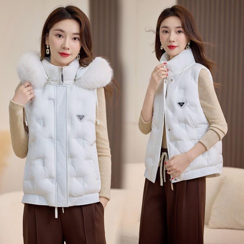 Hooded large fur collar cotton vest removable hat autumn and winter down cotton vest fashion thermal vest jacket batch