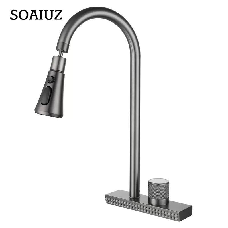 Waterfall Grey Sink Kitchen Faucet Hot Cold Mixer Wash Basin Multiple Water Outlets Rotation Flying Rain Tap Single Hole