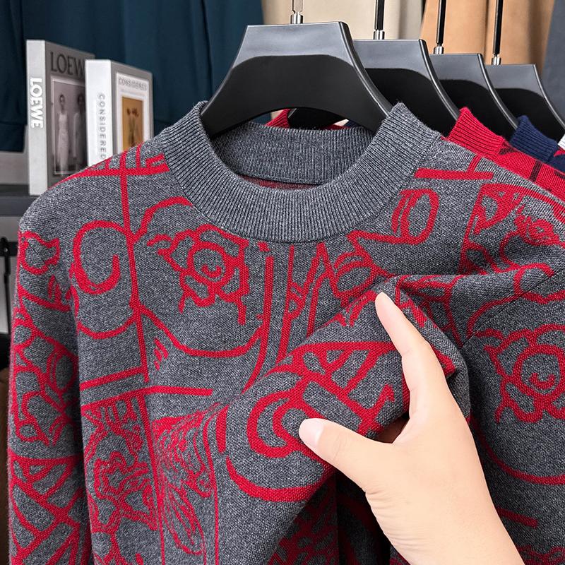 Wovey Herenhoodies met ronde hals Wol Gebreide kleding Winter Jacquard Warme trui Mode Luxe Verdikt Pendelen Herenkleding 4XL rood