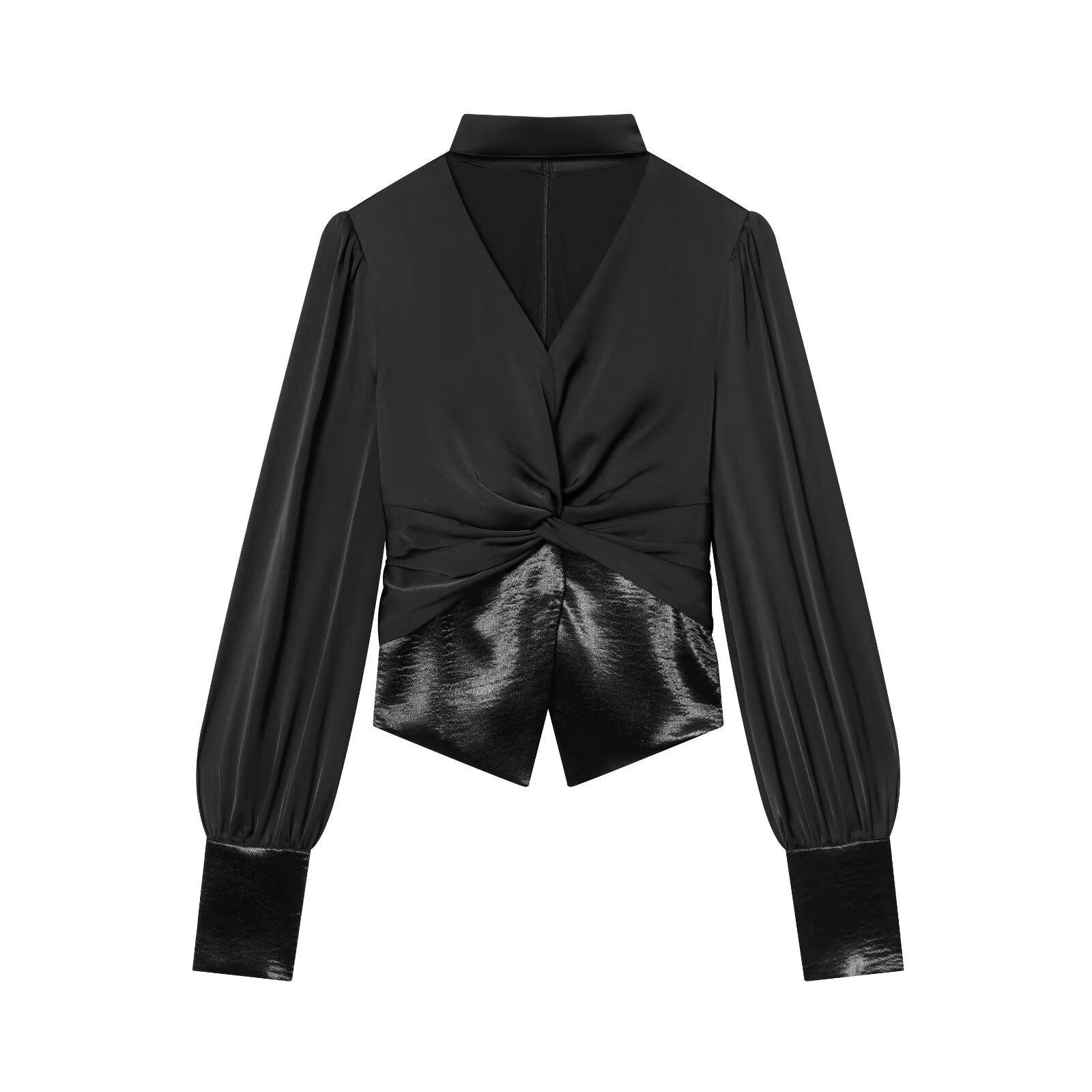 European-American Women s Fashion V-neck Halter Waist-Cinching Patchwork Long-Sleeve Shirt Medium чёрный