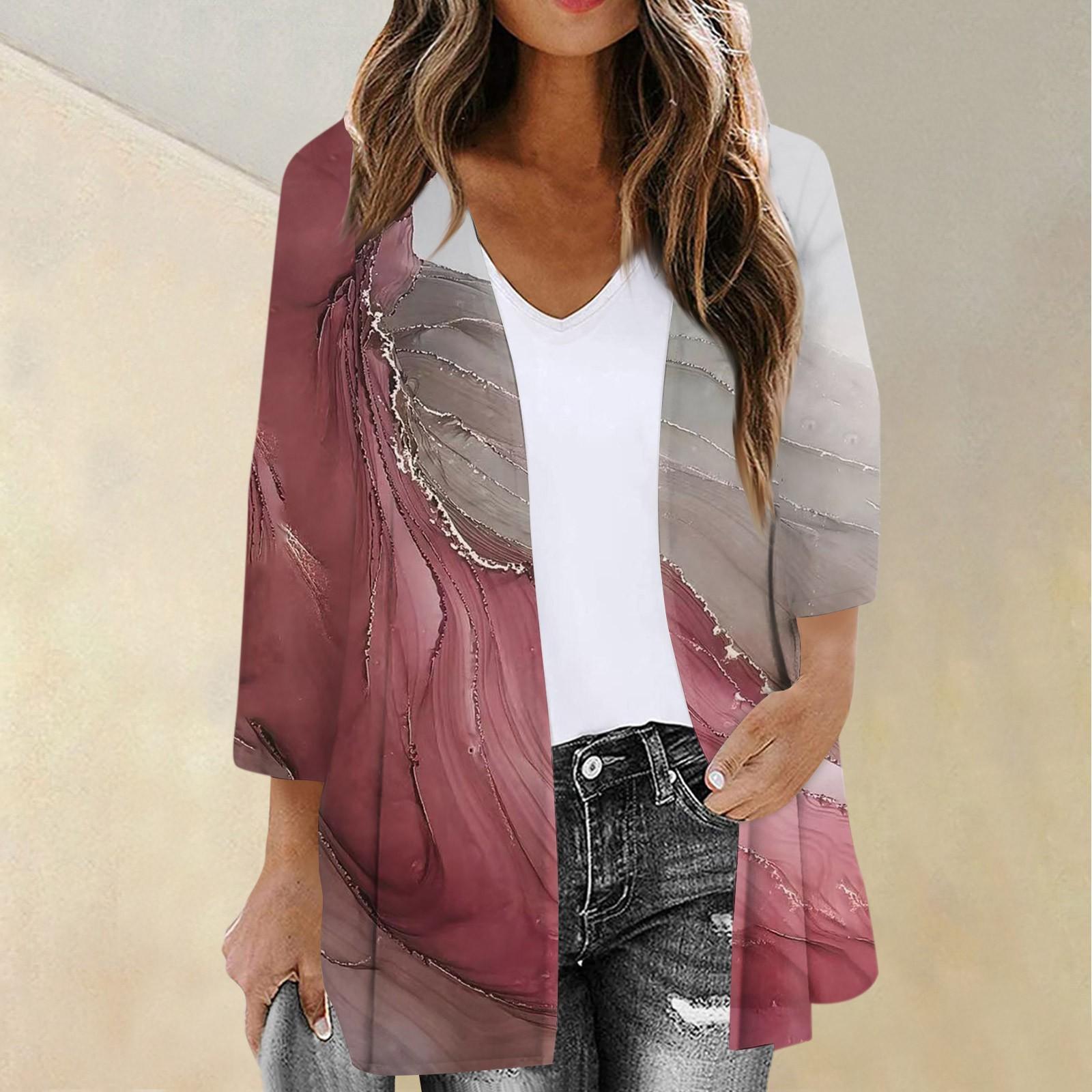 

Женский модный кардиган с рукавами из семи частей с принтом, свободная блузка, повседневная блузка, топ L горячий розовый