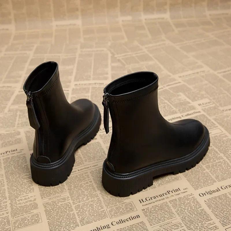 Fashion Women's Chelsea Boots Fashion Round Toe Short Booties Ladies Elegant Square Heel Shoes Winter Soft Leather Women's Footwear2024