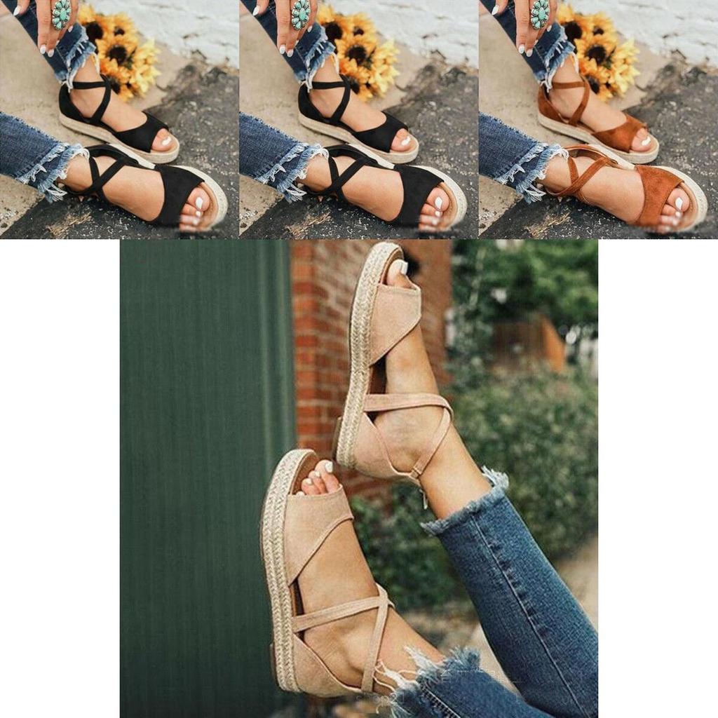 Chic And Comfortable Women Ladies Flat Espadrille Sandals With Low Wedge Heel Peep Toe Design