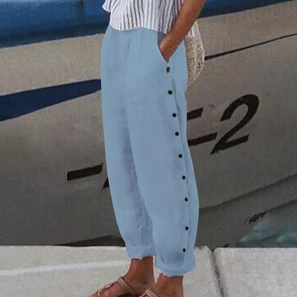 Women's Pants Fashion Color Elastic Waist Button Casual Pants