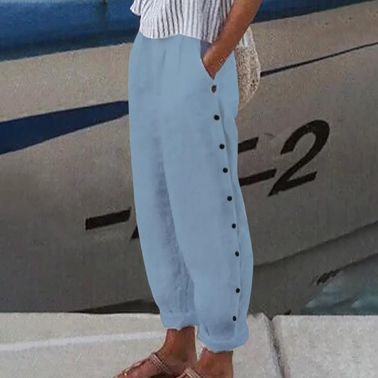 Women s Pants Fashion Color Elastic Waist Button Casual Pants S