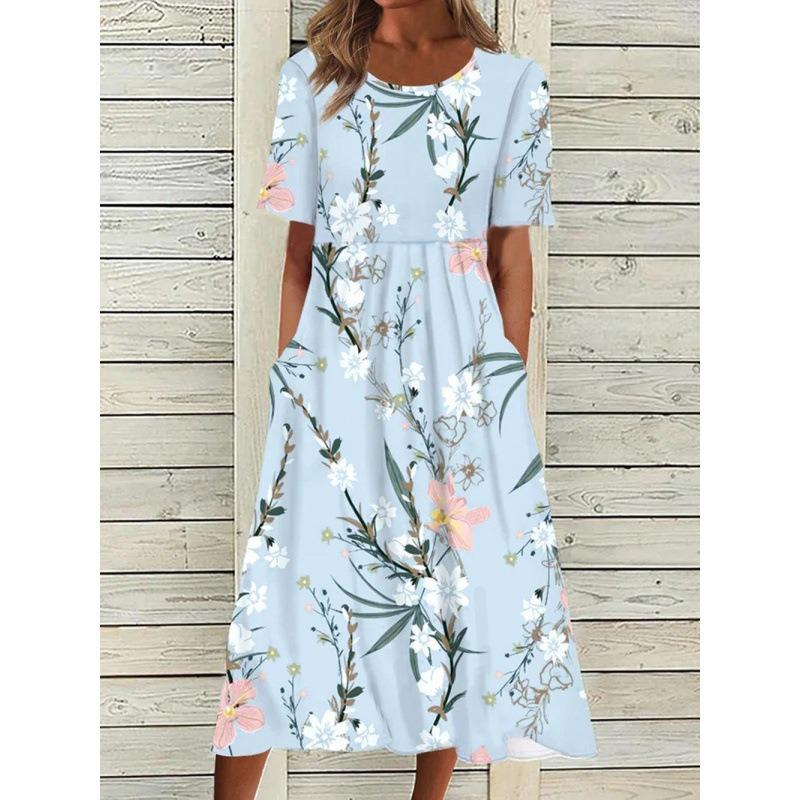 European & American Summer Mid-Waist Women s Casual Round Neck Printed Dress 3XL
