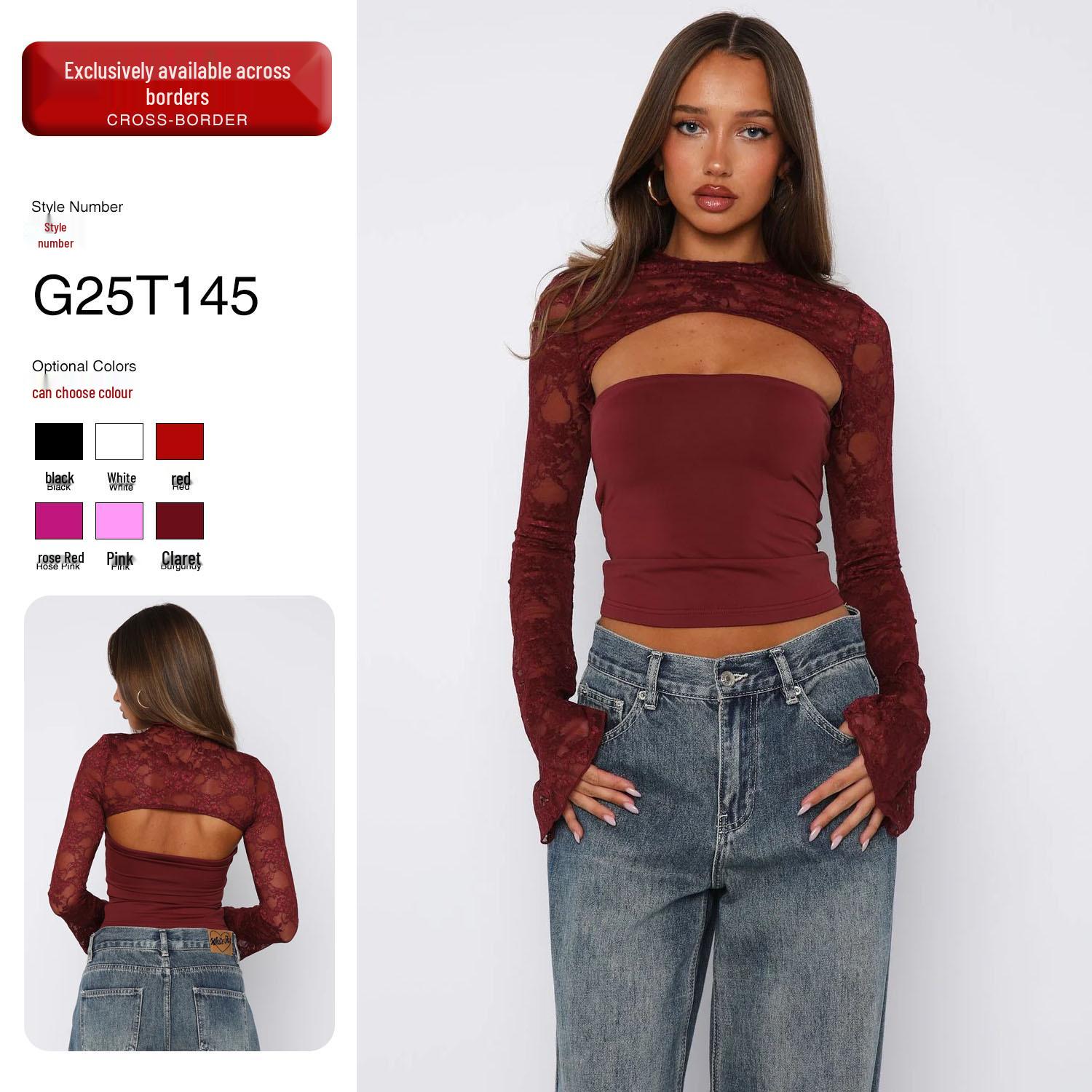 

European & American Lace Bandeau Backless Long Sleeve Women s T-shirt Large чёрный